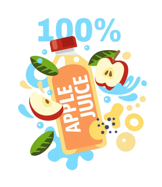 Apple juice with splashing water and leaves and abstract shape — Stock Vector