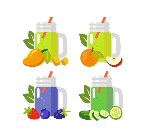 Fruit and vegetable juices in mug flat style — Stock Vector