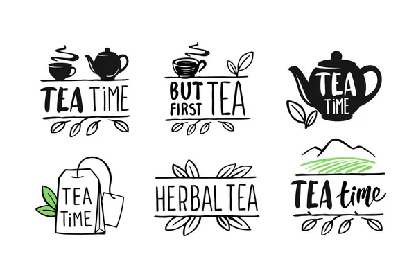 Tea emblems with text and leaves — Archivo Imágenes Vectoriales