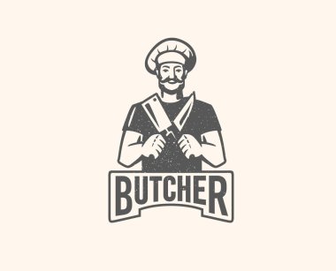 Mesajlı kasap logosu. Sakallı ve büyük bıçaklı adam.