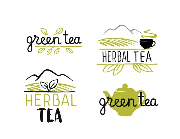 Emblemas de chá com texto e folhas —  Vetores de Stock