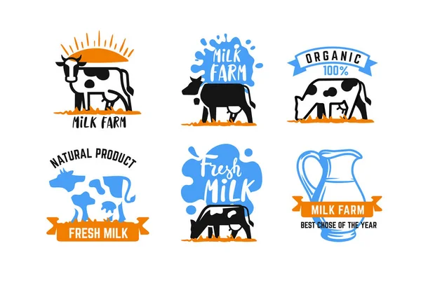 Cow and milk emblem. Farm blue stickers — Archivo Imágenes Vectoriales