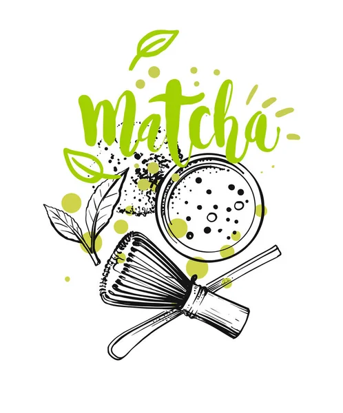 Matcha thee bovenaanzicht op witte achtergrond — Stockvector