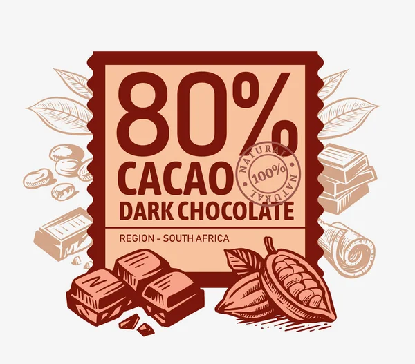 Chocolate e cacau peças emblema com texto — Vetor de Stock