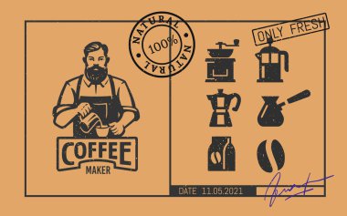 Kahve ikonlarının olduğu barista logosu.