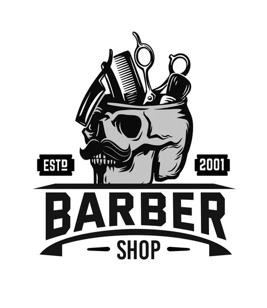 Logotipo de peluquero con emblema de herramientas de cráneo y peluquero — Vector de stock