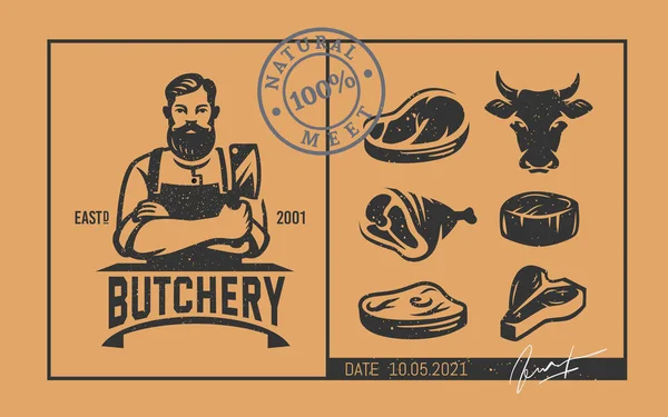 Logo Boucher avec icônes dans un style vintage — Image vectorielle