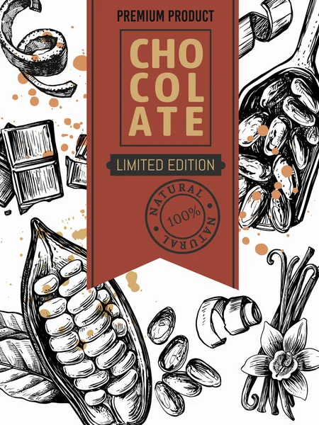 Paquete estilo vintage chocolate y cacao boceto — Vector de stock