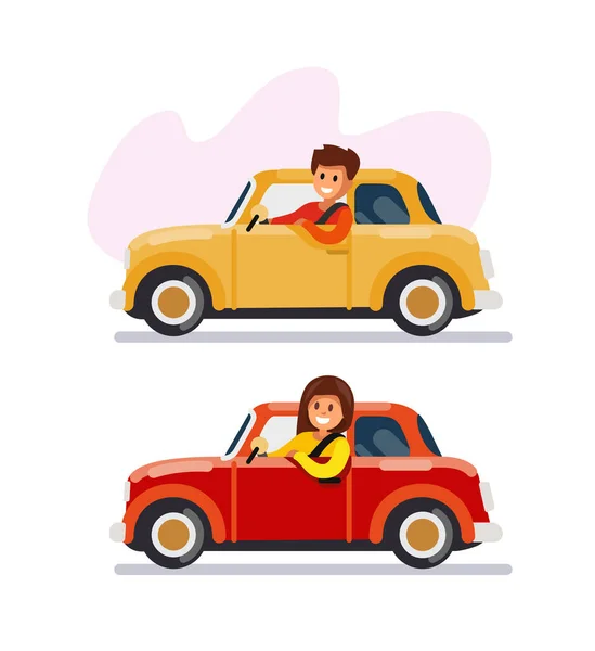 Mann und Frau am Steuer von Autos — Stockvektor