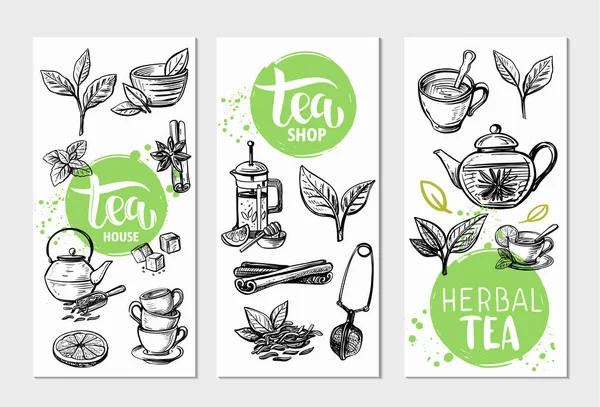 Confezione di tè con tazze e foglie disegnate a mano — Vettoriale Stock