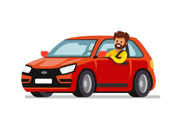 Hombre conducir rojo coche nuevo — Archivo Imágenes Vectoriales