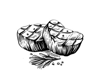 Steak on table with rosemary and salt. Sketch style vector Steak on table with rosemary and salt. Sketch style vector