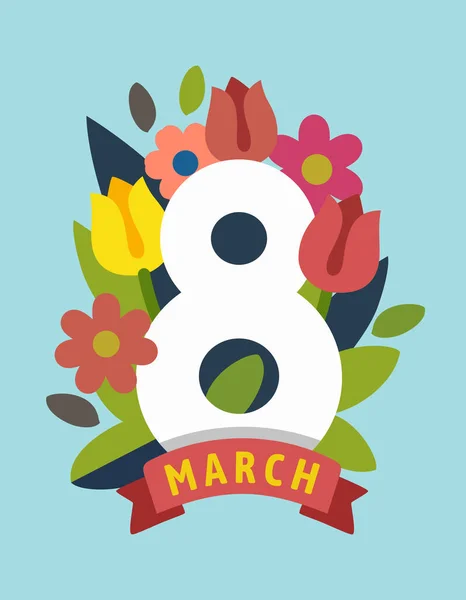3 월 8 일: 여성의 날을 위한 엽서. 8 개와 꽃. 플랫 형 — 스톡 벡터