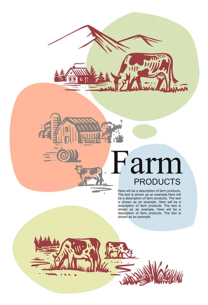 Farm with cow and text with color template — Stock Vector