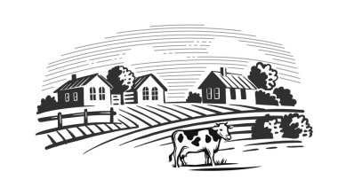 Çiftliğin arka planında çim çiğneyen inekler