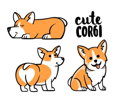 Şirin Corgi köpek seti ve gülen yüzle göz kırpan