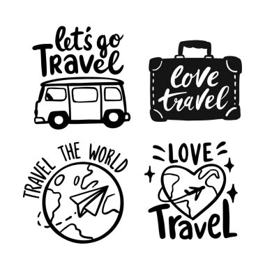 Seyahat etiketleri. Retro amblemler, harfli karalama logosu. Çıkartma klasik siyah.