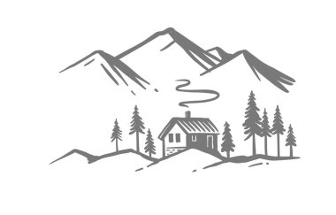 Büyük dağları olan bir manzara. Küçük evi olan doğa eskizi. El çizimi mürekkep çizimi