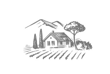 Ağaçları ve tarlaları olan köyde bir ev. Dağlara yakın küçük bir çiftlik.