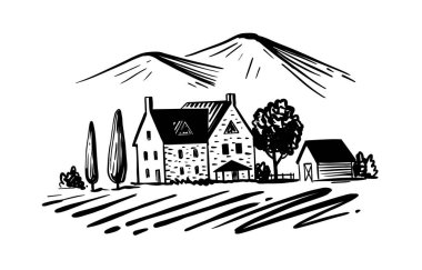 Ağaçları ve tarlaları olan köyde bir ev. Dağlara yakın küçük bir çiftlik.