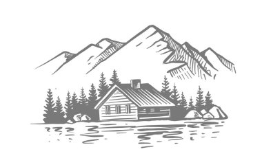Büyük dağları olan bir manzara. Ev ve nehir ile doğa eskizi. El çizimi mürekkep çizimi