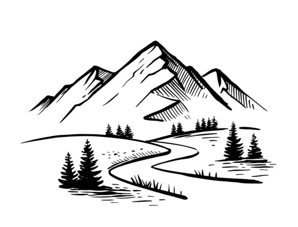 Paysage avec de grandes montagnes. Croquis de la nature avec route et sapins. Dessiné à la main — Image vectorielle