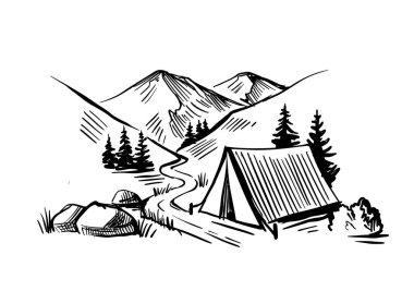 Dağların yakınındaki doğada kamp yapmak. Robot resim tarzında gezi temalı manzara