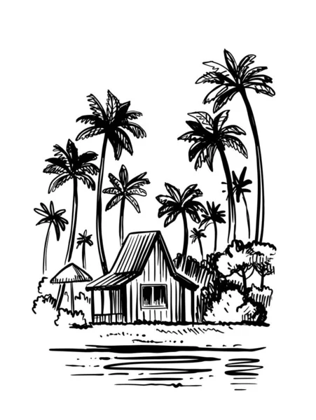 Bungalow mit Palmen direkt am Meer. Strand tropischen Urlaub Skizze Stil — Stockvektor
