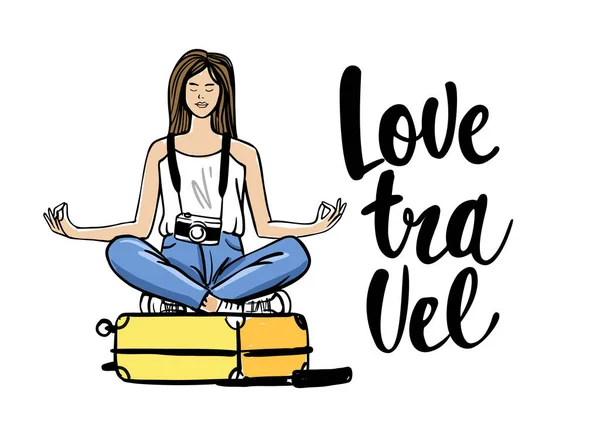 Femme assise sur une valise en posture de yoga. Thème de voyage dans le style croquis. Illustration pour impressions sur t-shirts sacs, affiches, cartes — Image vectorielle