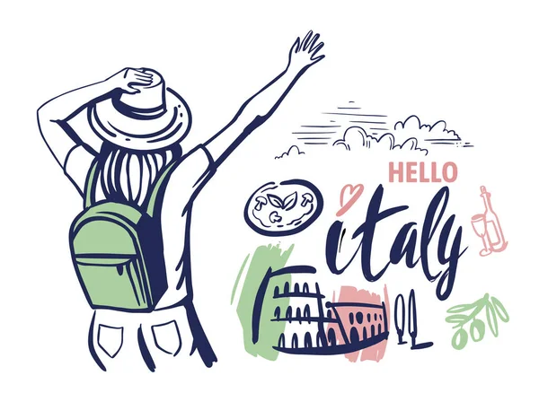 Woman tourist waving her hand to Italy. Travel theme sketch with sights. Illustration for prints on t-shirts bags, posters, cards — Stock Vector