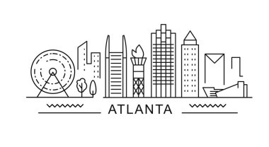Atlanta minimal stil City Outline Skyline ile Typographic. Meşhur simgeleri olan vektör şehir manzarası. Çantalarda, posterlerde, kartlarda parmak izleri için resim. 
