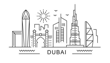 Dubai minimal stil City Outline Skyline ile Typographic. Meşhur simgeleri olan vektör şehir manzarası. Çantalarda, posterlerde, kartlarda parmak izleri için resim. 