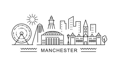 Manchester minimal stil City Outline Skyline ile Typographic. Meşhur simgeleri olan vektör şehir manzarası. Çantalarda, posterlerde, kartlarda parmak izleri için resim. 