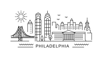 Philadelphia minimal stil City Outline Skyline ile Typographic. Meşhur simgeleri olan vektör şehir manzarası. Çantalarda, posterlerde, kartlarda parmak izleri için resim. 