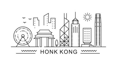 Tipografikle birlikte Hong Kong 'un en az stil City Outline Skyline' ı. Meşhur simgeleri olan vektör şehir manzarası. Çantalarda, posterlerde, kartlarda parmak izleri için resim. 