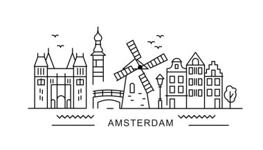 Amsterdam minimal stil City Outline Skyline ile Typographic. Meşhur simgeleri olan vektör şehir manzarası. Çantalarda, posterlerde, kartlarda parmak izleri için resim. 
