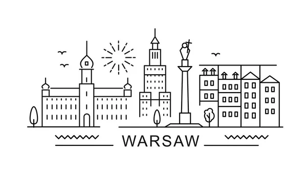 Warschau minimalen Stil City Outline Skyline mit Typografie. Vektorstädte mit berühmten Wahrzeichen. Illustrationen für Drucke auf Taschen, Postern, Karten. — Stockvektor