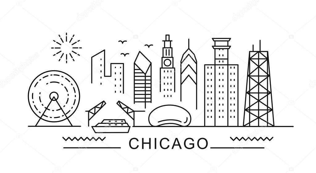 Chicago minimal style City Outline Skyline with Typographic. Vector cityscape with famous landmarks. Illustration for prints on bags, posters, cards. 