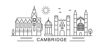 Cambridge minimal stil City Outline Skyline ile Typographic. Meşhur simgeleri olan vektör şehir manzarası. Çantalarda, posterlerde, kartlarda parmak izleri için resim. 
