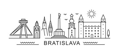 Bratislava, Typographic 'li, en az stil City Outline Skyline. Meşhur simgeleri olan vektör şehir manzarası. Çantalarda, posterlerde, kartlarda parmak izleri için resim. 