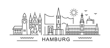 Typographic ile Hamburg 'un minimal stil City Outline Skyline' ı. Meşhur simgeleri olan vektör şehir manzarası. Çantalarda, posterlerde, kartlarda parmak izleri için resim. 