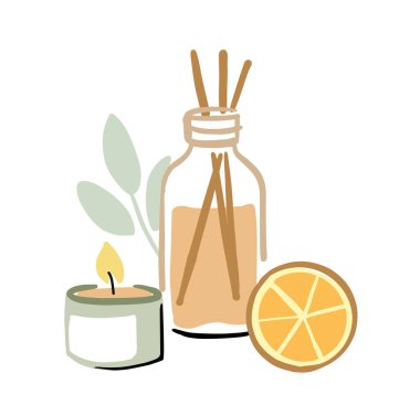 Aroma 'dan eve. Yayıcıyı ve kokulu mumu sar. Çizim buketi aroması. 