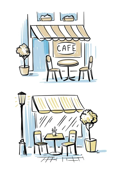 コーヒーショップ外。2つの屋外カフェ。手描きスケッチ｜ベクトルイラスト — ストックベクタ
