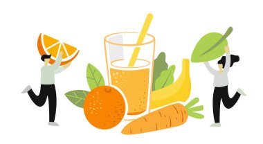 Meyve suyu veya meyve suyu için iki kişi meyve ve yeşil yaprak toplar. Minik erkek ve kadın çizgi filmleriyle yaz içkileri. 