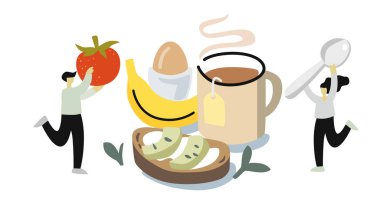 Kadın ve erkek kahvaltı yapıyor. Avokado ile çay ve tost. Yumurtalı muz.