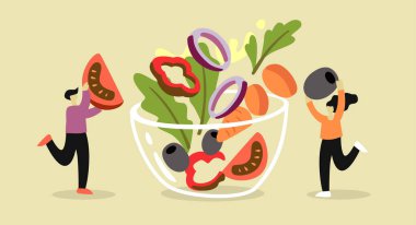 İki kişi sebze salatası yapar. Mutfakta vejetaryen yemeği pişirme süreci. Diyet ve sağlıklı yaşam tarzı için uygun kavram