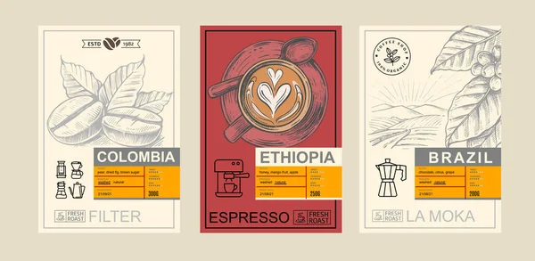 Verpackungsdesign für Kaffee. Zeichnen Sie Zeichnungen für Verpackungsetiketten. Bohnen, Blatt-Brunch und Tasse Cappuccino — Stockvektor