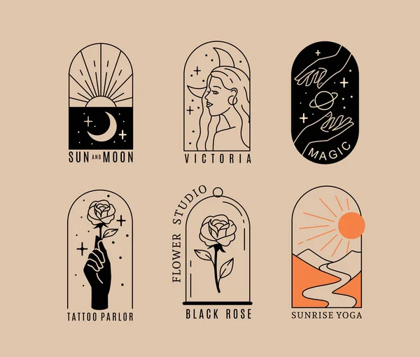 Logos de arco en estilo lineal. Rosa y sol — Vector de stock