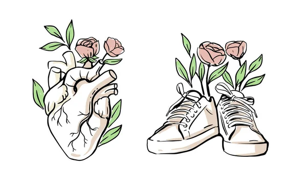 Coeur humain dessiné à la main. Baskets vectorielles avec fleurs — Image vectorielle