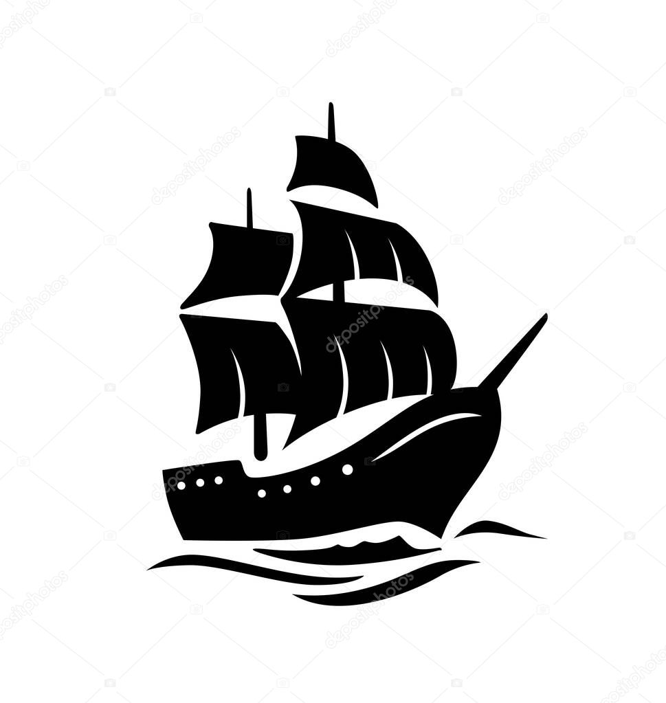 Sailing old ship silhouette. Vector 